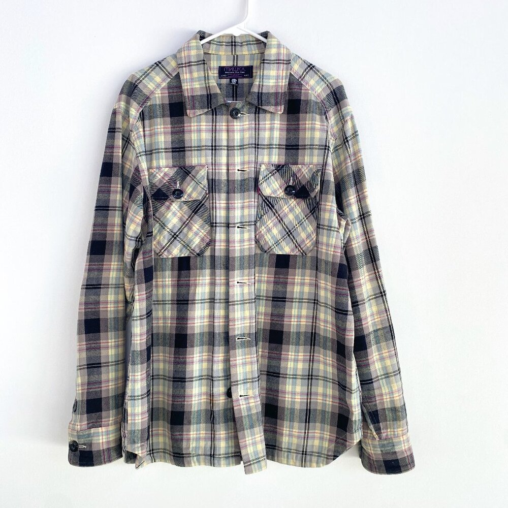 2003 Vintage Mishka NYC button up – Large – Black, grey, white, pink, blue plaid